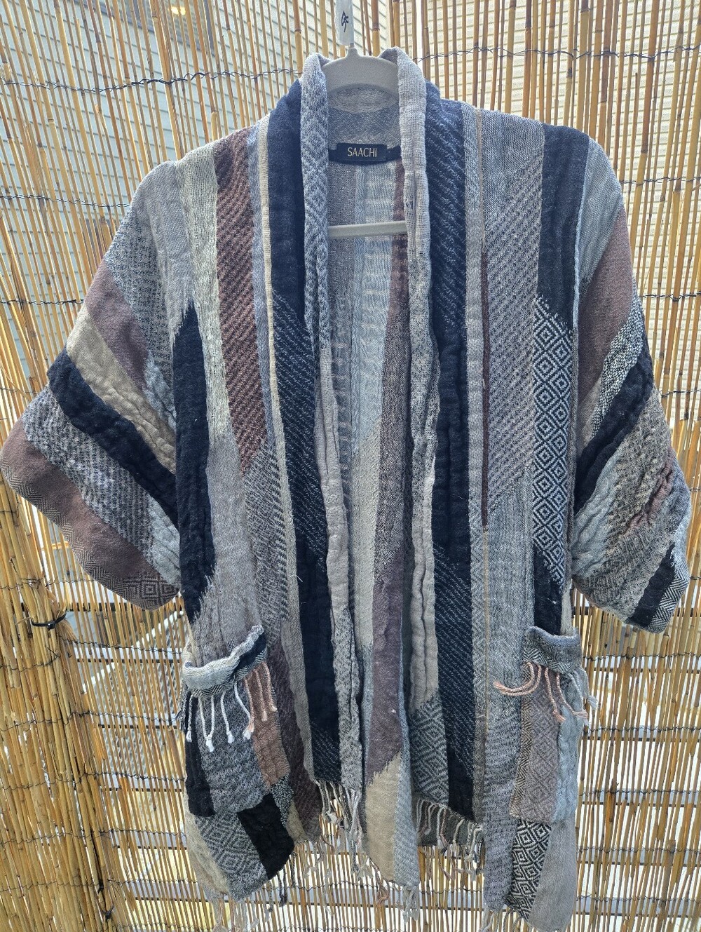 Saachi Striped Boho Fringe Kimono Cardigan in Neutrals With Pockets Guc One Size